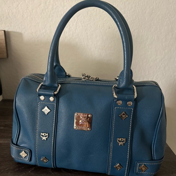 MCM Blue Leather Boston Bag with Silver Accents - Picture 11 of 13